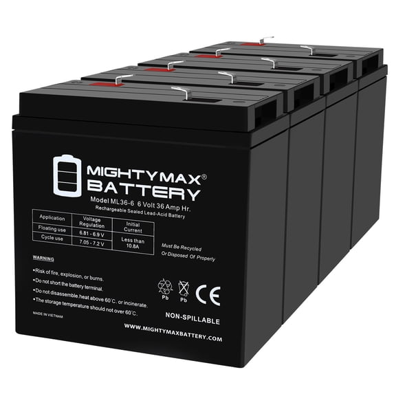 ML36-6 - 6 Volt 36 AH, F2 Terminal, Rechargeable SLA AGM Battery - 4 Pack