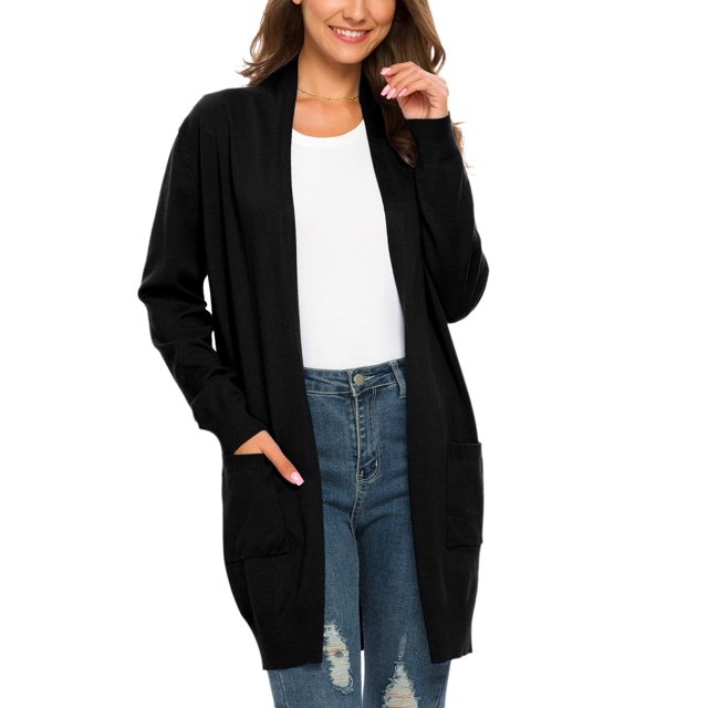 MLANM Essential Solid Open Front Long Knited Cardigan Sweater for Women, L Black