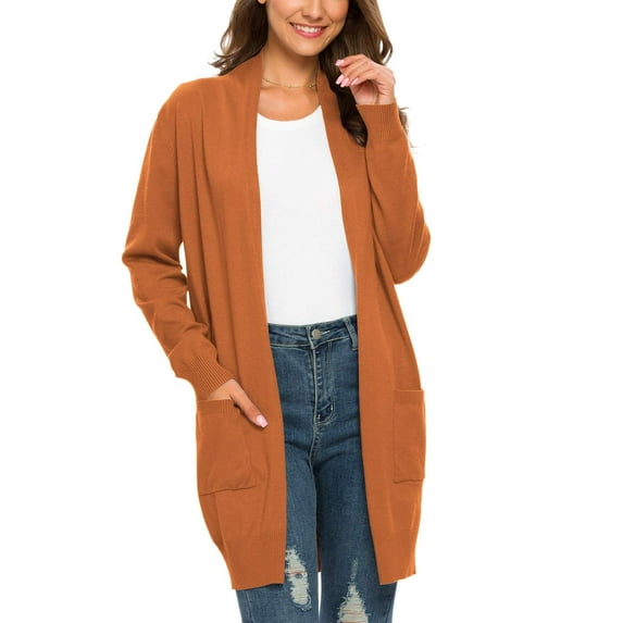 MLANM Essential Solid Open Front Long Knited Cardigan Sweater for Women, L Orange