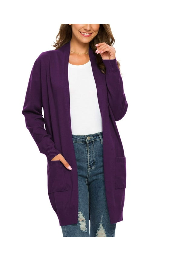 Essential Solid Open Front Long Knited Cardigan Sweater for Women, L Purple