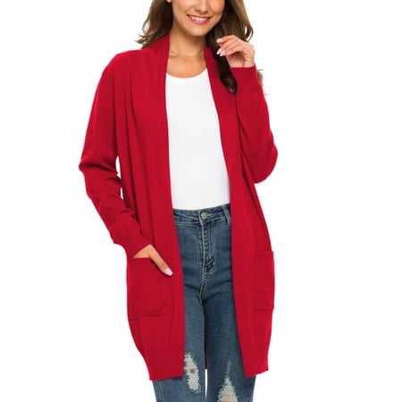 MLANM Essential Solid Open Front Long Knited Cardigan Sweater for Women, S Red