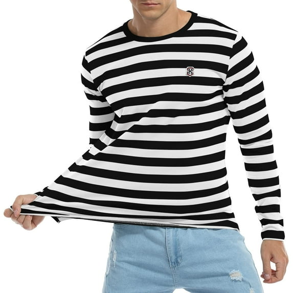 MLANM Men's Casual Cotton Striped Crewneck Long-Sleeve T-Shirt Basic Pullover Tee Shirt, 3XL Black White