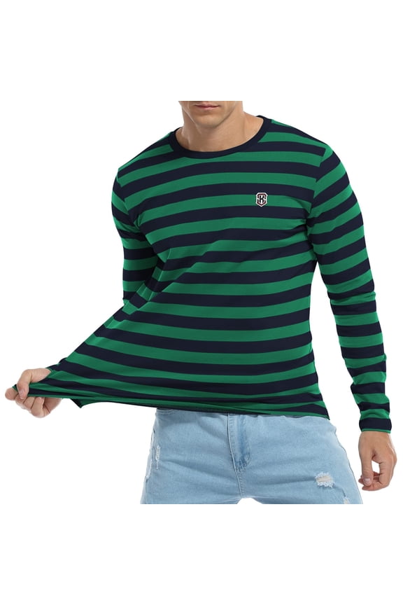 Men's Casual Cotton Striped Crewneck Long-Sleeve T-Shirt Basic Pullover Tee Shirt, L Green Navy