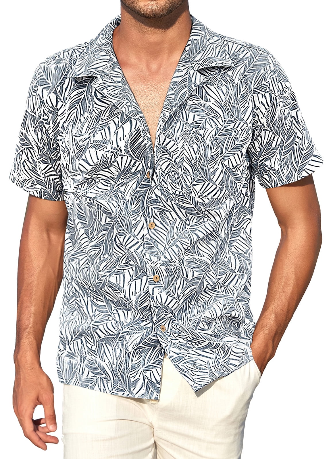 MLANM Men's Hawaiian Floral Shirts Cotton Linen Button Down Tropical