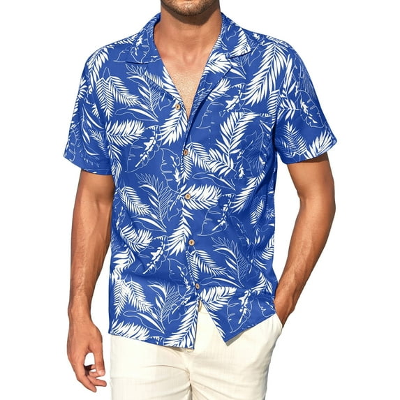 MLANM Men's Hawaiian Floral Shirts Cotton Linen Button Down Tropical Holiday Beach Shirts, L Royal Blue Palm Leaf