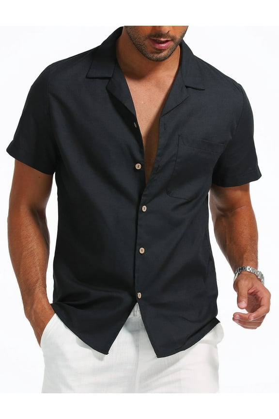 Men's Hawaiian Floral Shirts Cotton Linen Button Down Tropical Holiday Beach Shirts, S Black