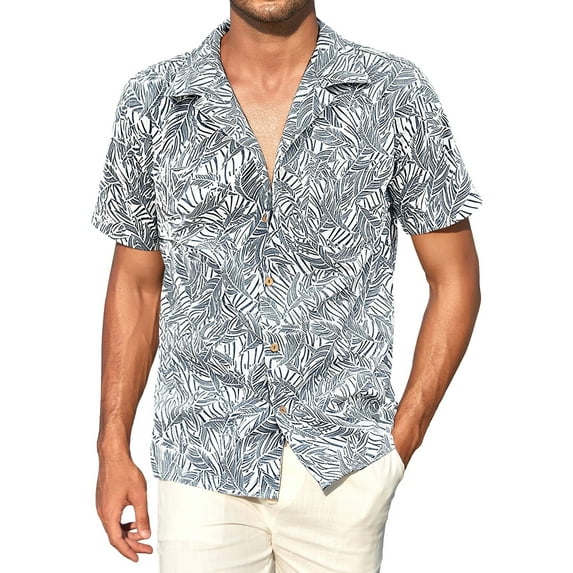 MLANM Men's Hawaiian Floral Shirts Cotton Linen Button Down Tropical Holiday Beach Shirts, S Light Blue Palm Leaf