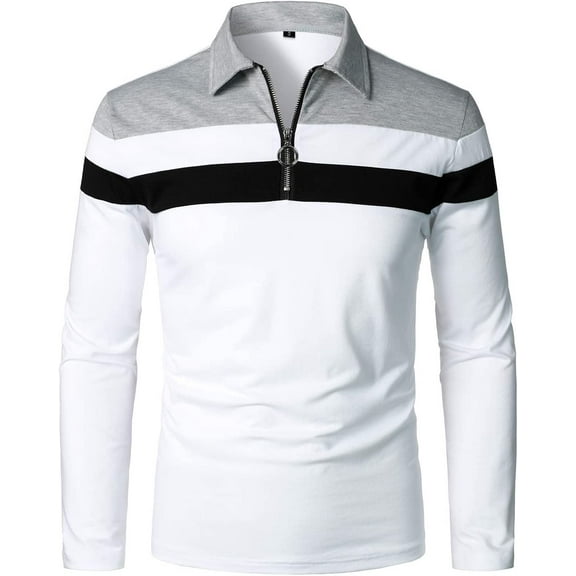 MLANM Men’s Long Sleeve Polo Shirt Casual Slim Fit Shirts Contrast Color Patchwork T Shirts Cotton Tops, M White