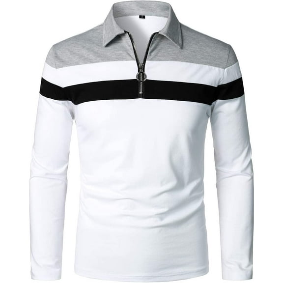 MLANM Men’s Long Sleeve Polo Shirt Casual Slim Fit Shirts Contrast Color Patchwork T Shirts Cotton Tops, S White