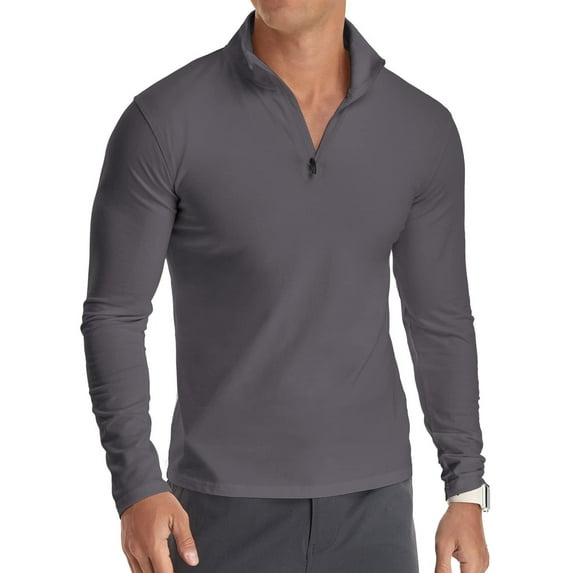 MLANM Men's Long Sleeve Polo Shirts Quarter-Zip Casual Slim Fit Mock Neck Basic Designed Cotton Shirts, 2XL Dark Grey