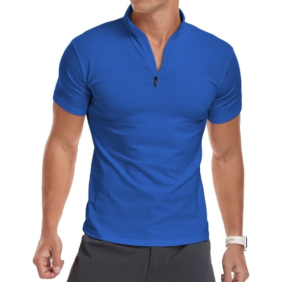 MLANM Men's Short Sleeve Polo Shirts Quarter-Zip Casual Slim Fit Mock Neck Basic Designed Cotton Shirts L Blue
