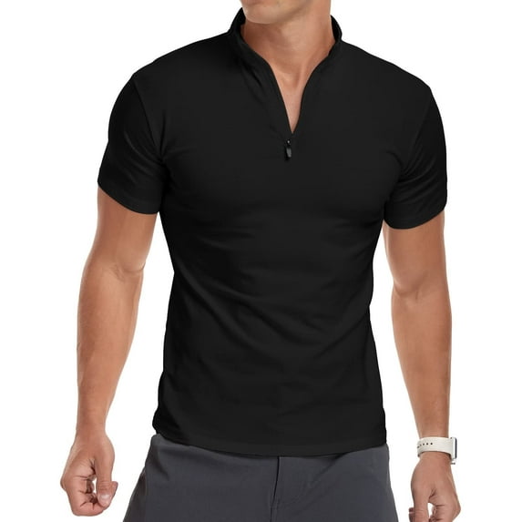 MLANM Men's Short Sleeve Polo Shirts Quarter-Zip Casual Slim Fit Mock Neck Basic Designed Cotton Shirts Male Tops