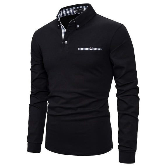 MLANM Mens Casual Long Sleeve Plaid Collar Polo Shirt Slim Fit Basic Shirts, 2XL Black