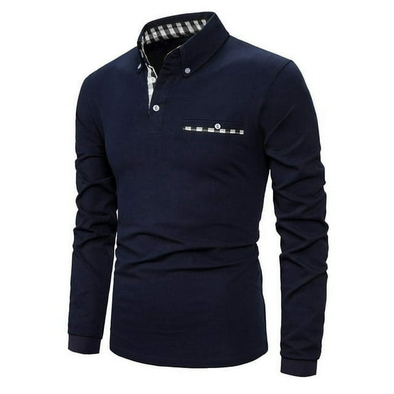 MLANM Mens Casual Long Sleeve Plaid Collar Polo Shirt Slim Fit Basic Shirts, 2XL Navy