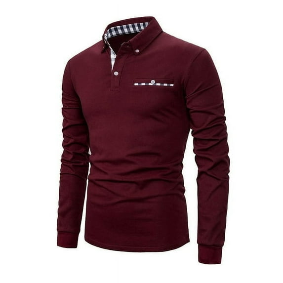 MLANM Mens Casual Long Sleeve Plaid Collar Polo Shirt Slim Fit Basic Shirts, 2XL Wine Red