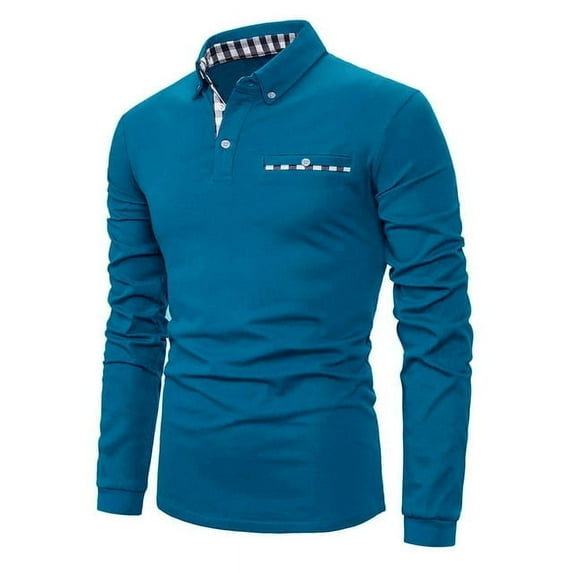 MLANM Mens Casual Long Sleeve Plaid Collar Polo Shirt Slim Fit Basic Shirts, L Light Blue