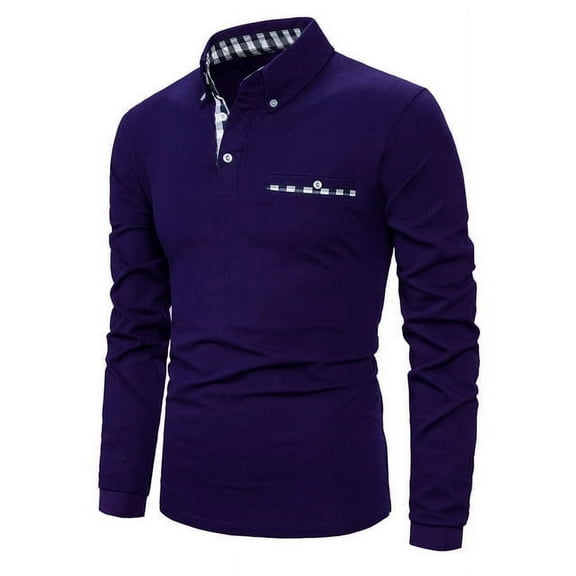 MLANM Mens Casual Long Sleeve Plaid Collar Polo Shirt Slim Fit Basic Shirts, M Purple