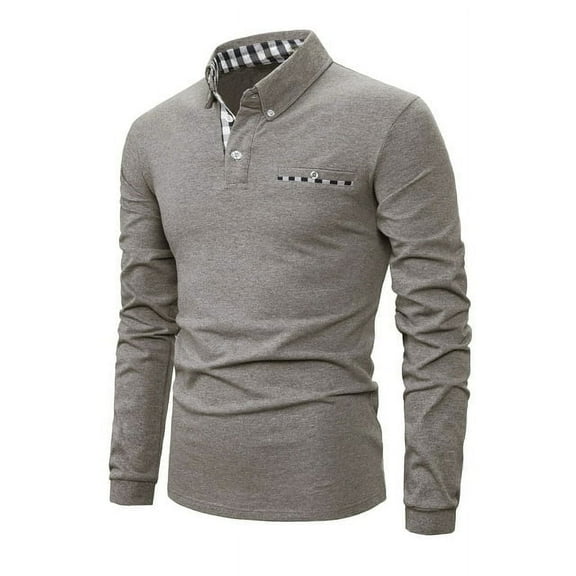 MLANM Mens Casual Long Sleeve Plaid Collar Polo Shirt Slim Fit Basic Shirts, S Grey