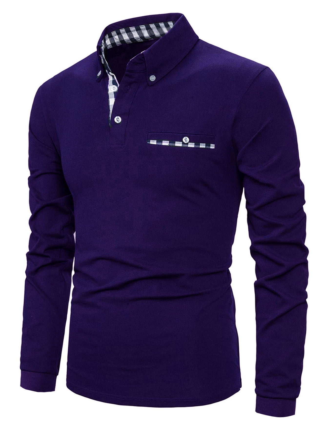 MLANM Mens Casual Long Sleeve Plaid Collar Polo Shirt Slim Fit Basic