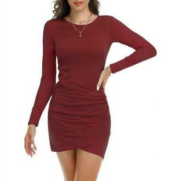 MLANM Women Fall Ruched Bodycon Long Sleeve Dress Wrap Front Elegant Casual Basic Fitted Short Dresses, L Wine Red