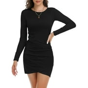 MLANM Women Fall Ruched Bodycon Long Sleeve Dress Wrap Front Elegant Casual Basic Fitted Short Dresses, M Black
