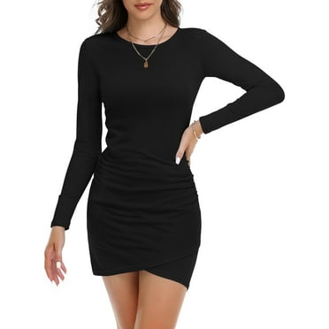 MLANM Women Fall Ruched Bodycon Long Sleeve Dress Wrap Front Elegant Casual Basic Fitted Short Dresses, M Black
