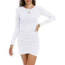 MLANM Women Fall Ruched Bodycon Long Sleeve Dress Wrap Front Elegant Casual Basic Fitted Short Dresses, M White