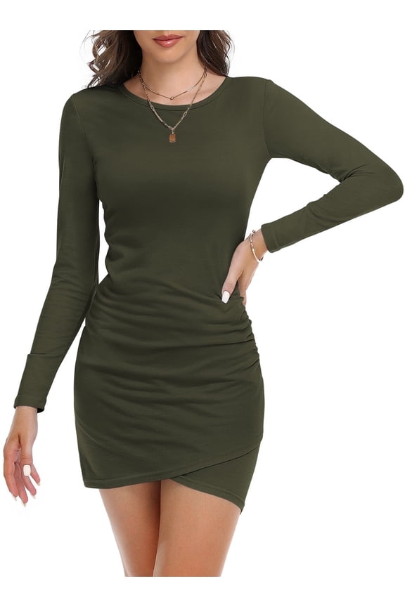 Women Fall Ruched Bodycon Long Sleeve Dress Wrap Front Elegant Casual Basic Fitted Short Dresses, S Army Green