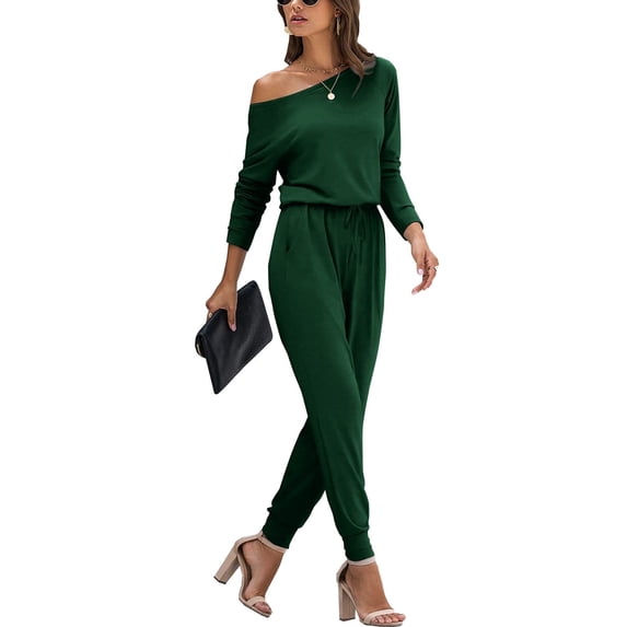 MLANM Women Long Sleeve Casual Off Shoulder Jumpsuit Elastic Waist Stretchy Long Romper with Pockets, S Dark Green