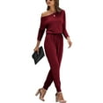 thumbnail image 1 of MLANM Women Long Sleeve Casual Off Shoulder Jumpsuit Elastic Waist Stretchy Long Romper with Pockets, S Wine Red, 1 of 7