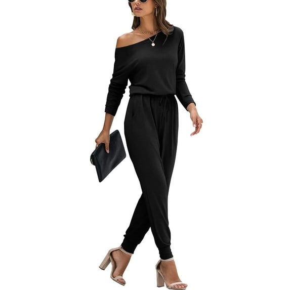MLANM Women Long Sleeve Casual Off Shoulder Jumpsuit Elastic Waist Stretchy Long Romper with Pockets, XL Black
