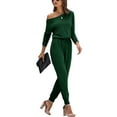 thumbnail image 1 of MLANM Women Long Sleeve Casual Off Shoulder Jumpsuit Elastic Waist Stretchy Long Romper with Pockets, XL Dark Green, 1 of 7