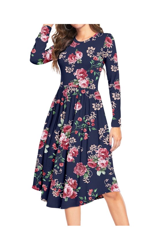 Women Long Sleeve Polka Dot Casual Modest Work Midi Knee Length Dress with Pocket, 2XL Floral Navy