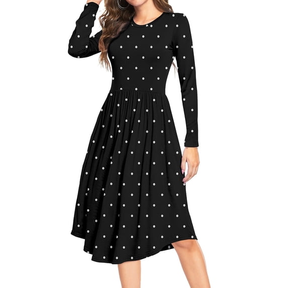 MLANM Women Long Sleeve Polka Dot Casual Modest Work Midi Knee Length Dress with Pocket, S Dot Black