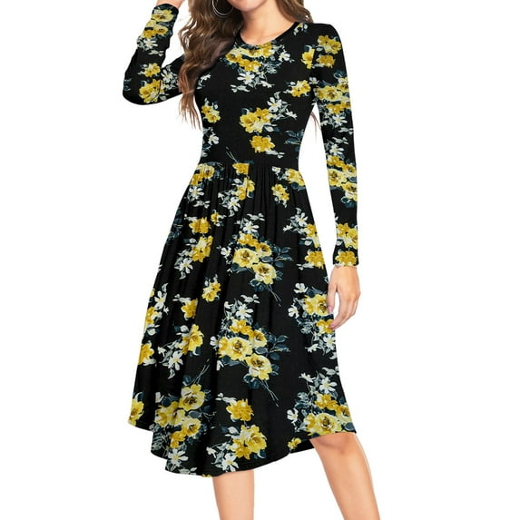 MLANM Women Long Sleeve Polka Dot Casual Modest Work Midi Knee Length Dress with Pocket, XL Camellia Black