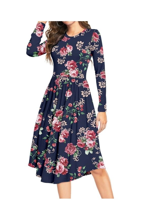 Women Long Sleeve Polka Dot Casual Modest Work Midi Knee Length Dress with Pocket, XL Floral Navy