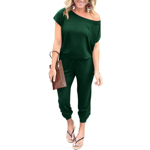 MLANM Women Short Sleeve Casual Off Shoulder Jumpsuit Elastic Waist Stretchy Long Romper with Pockets, L Dark Green