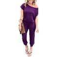 thumbnail image 1 of MLANM Women Short Sleeve Casual Off Shoulder Jumpsuit Elastic Waist Stretchy Long Romper with Pockets, S Purple, 1 of 8