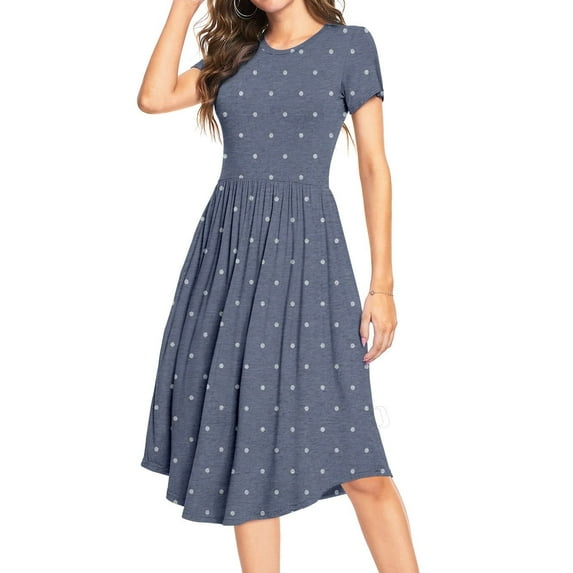 MLANM Women Short Sleeve Polka Dot Midi Casual Swing Pleated Empire Waist Dress with Pockets, 2XL Dot Light Blue