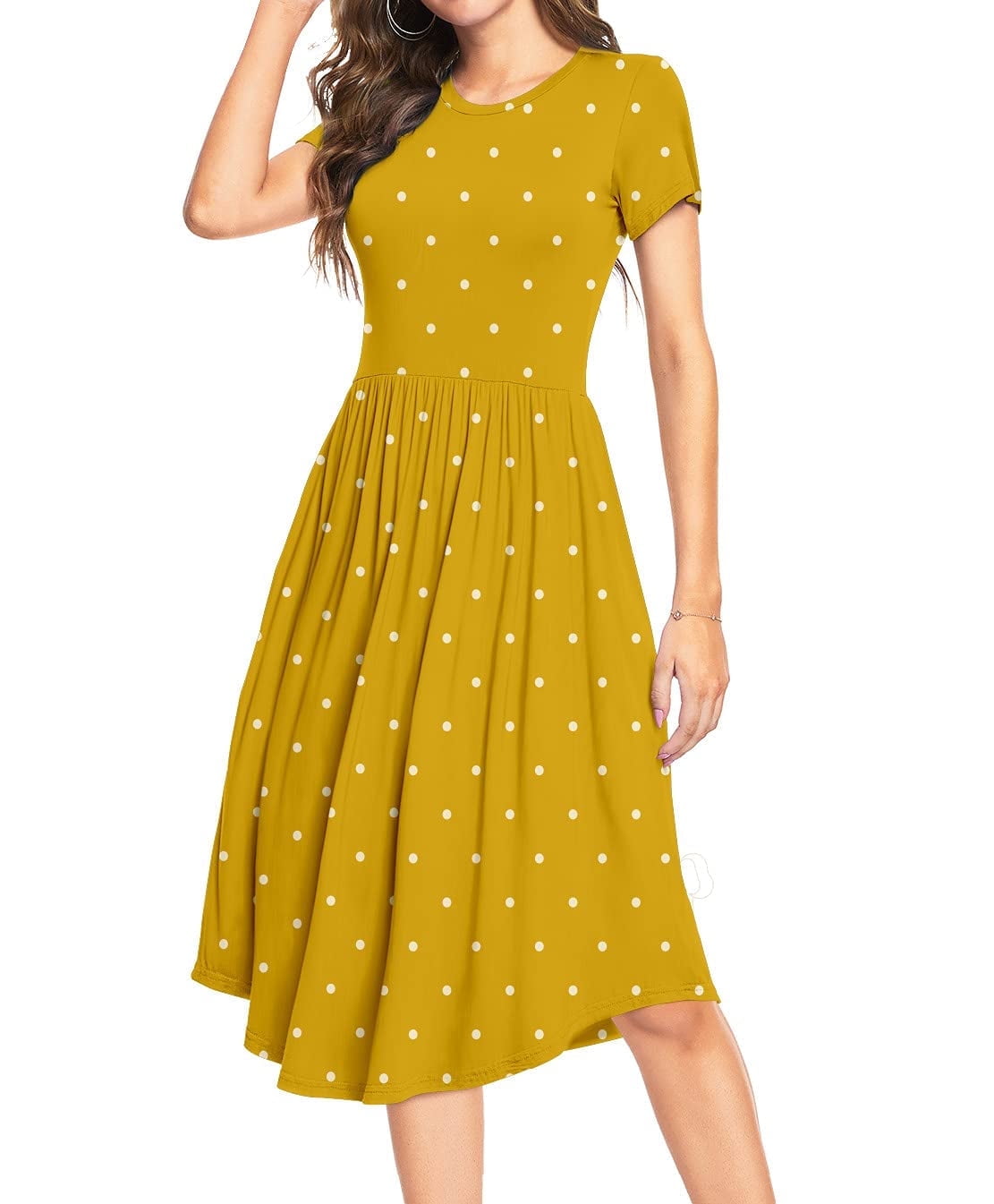 MLANM Women Short Sleeve Polka Dot Midi Casual Swing Pleated Empire Waist  Dress with Pockets, 3XL Dot Yellow - Walmart.com