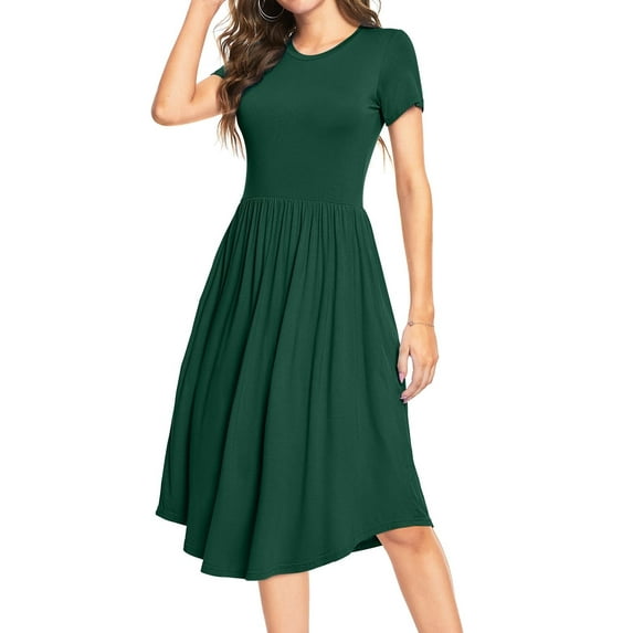 MLANM Women Short Sleeve Polka Dot Midi Casual Swing Pleated Empire Waist Dress with Pockets, S Dark Green