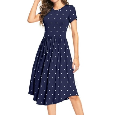 MLANM Women Short Sleeve Polka Dot Midi Casual Swing Pleated Empire Waist Dress with Pockets, S Dot Navy