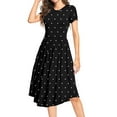 thumbnail image 1 of MLANM Women Short Sleeve Polka Dot Midi Casual Swing Pleated Empire Waist Dress with Pockets, XL Dot Black, 1 of 7
