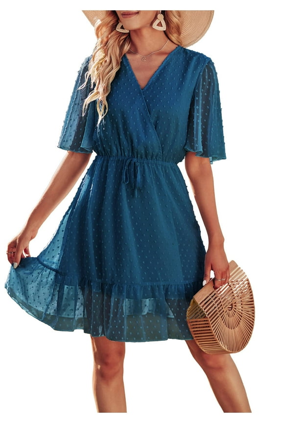 Women Summer Bohemian Leopard Print Casual V Neck Ruffle A-Line Mini Dress with Belt, 2XL Lake Blue
