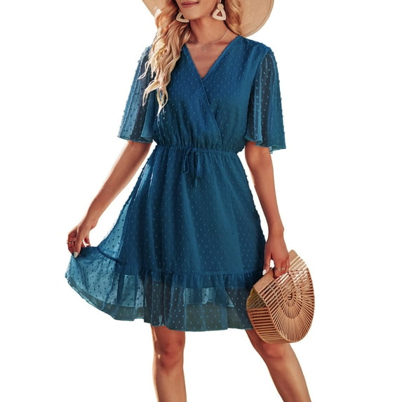 MLANM Women Summer Bohemian Leopard Print Casual V Neck Ruffle A-Line Mini Dress with Belt, M Lake Blue