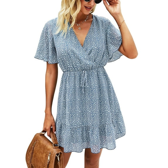 MLANM Women Summer Bohemian Leopard Print Casual V Neck Ruffle A-Line Mini Dress with Belt, S Floral Light Blue