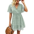 thumbnail image 1 of MLANM Women Summer Bohemian Leopard Print Casual V Neck Ruffle A-Line Mini Dress with Belt, S Floral Light Green, 1 of 6