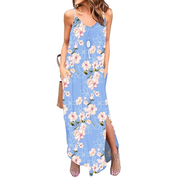 MLANM Women Summer Casual Dress Floral Loose Boho Dresses Cami Maxi Dresses with Pockets, 2XL Floral Light Blue