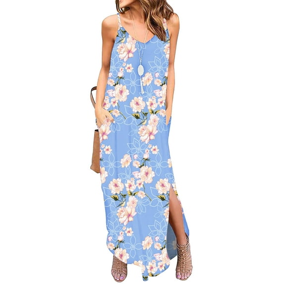 MLANM Women Summer Casual Dress Floral Loose Boho Dresses Cami Maxi Dresses with Pockets, M Floral Light Blue