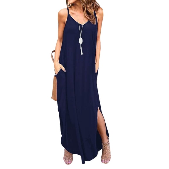 MLANM Women Summer Casual Dress Floral Loose Boho Dresses Cami Maxi Dresses with Pockets, S Navy